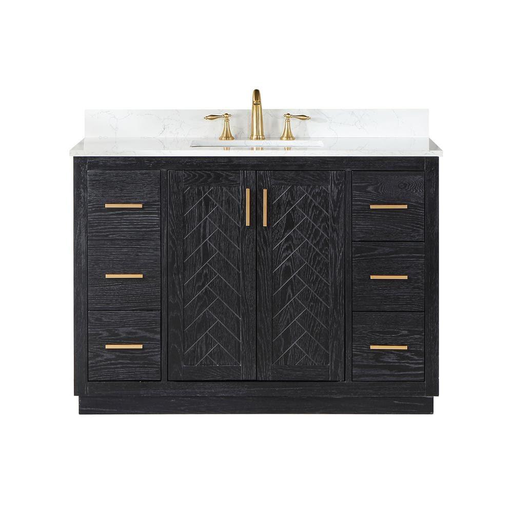 Gazsi 48" Single Bathroom Vanity Set in Black Oak with Grain White Composite Stone Countertop without Mirror