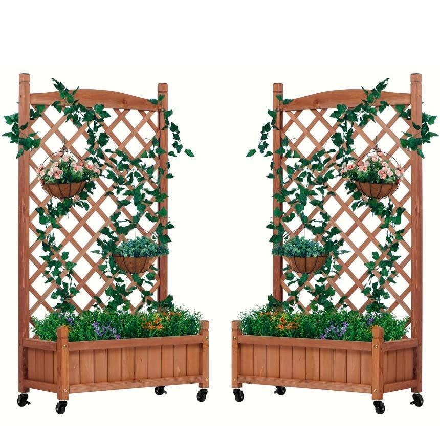 August Grove® Raised Garden Bed With Trellies 2 Pack, Outdoor Wooden Planter Box For Climbing Plants, Vegetables Herb Growing