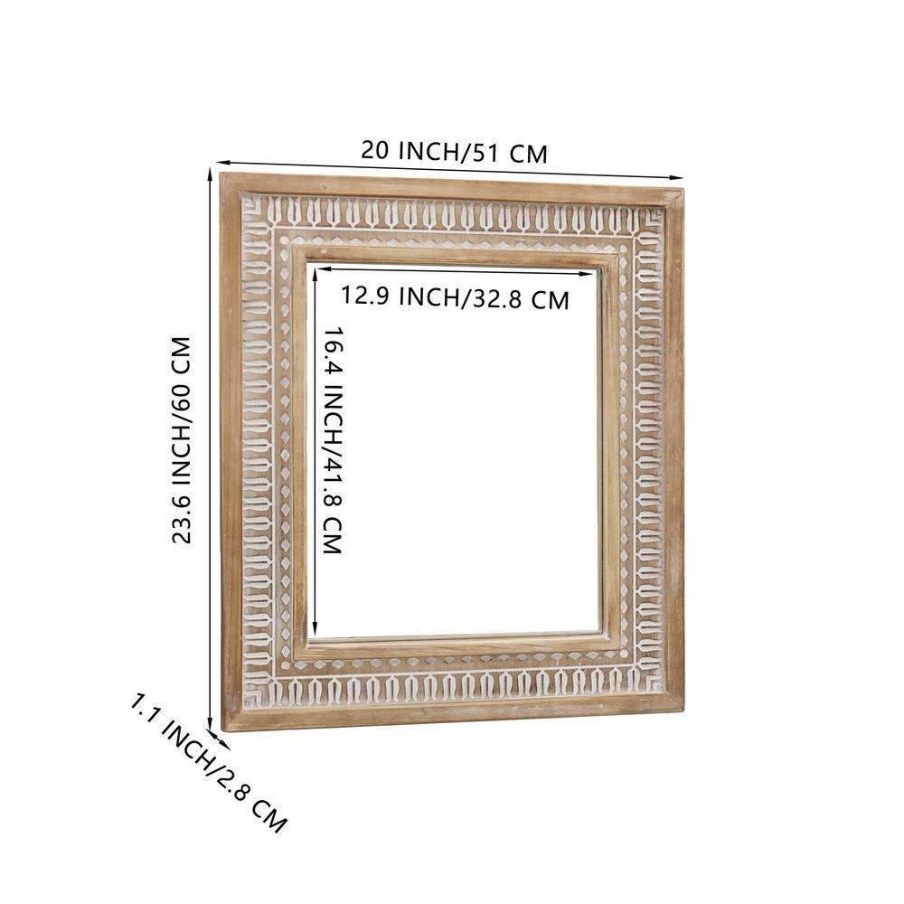 Parisloft Rectangular Carved Wood Wall Mirror - 20 x 23.6 Inches, Farmhouse Wood Mirror for Bathroom, Living Room or Bedroom, Rustic Brown and White