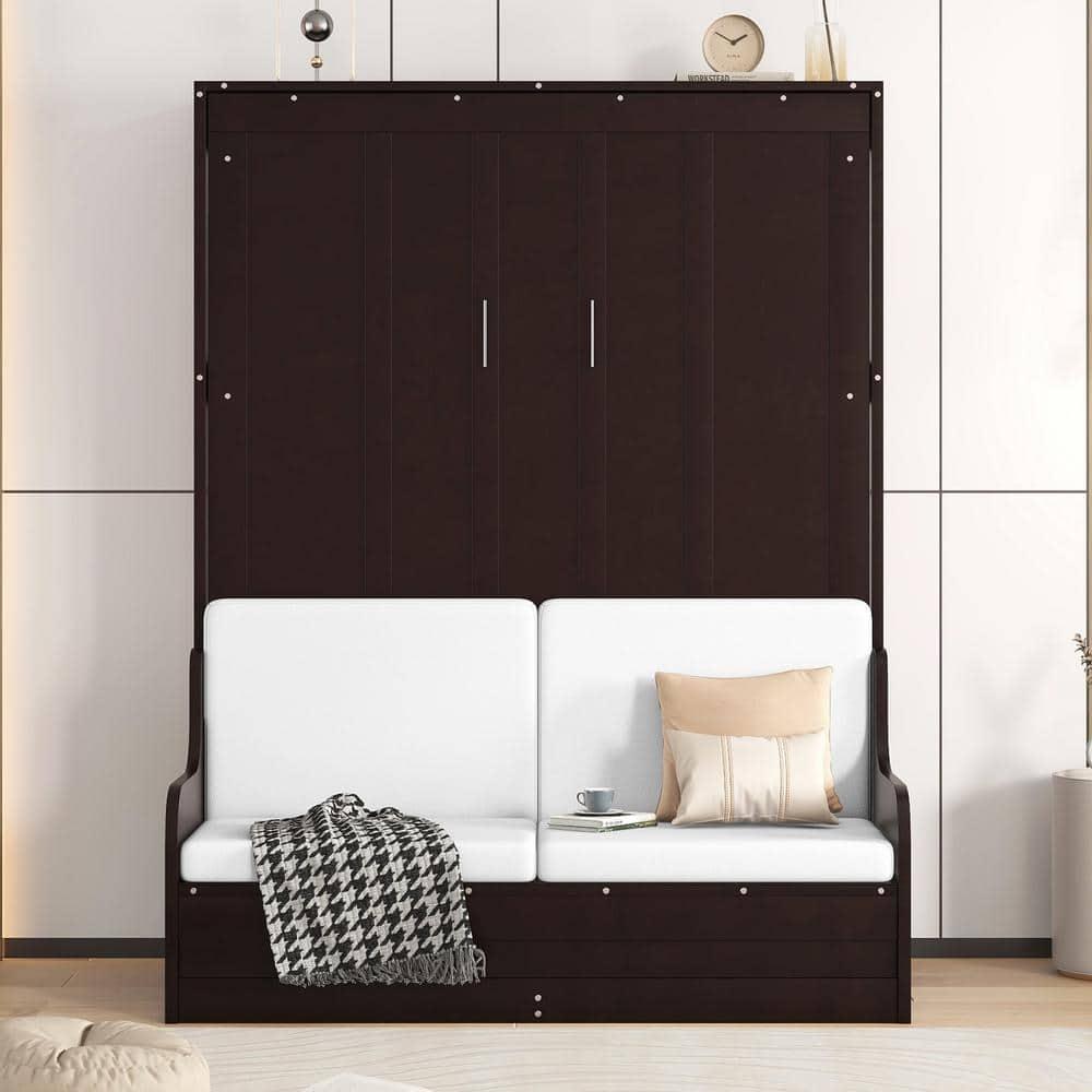 Harper & Bright Designs Queen Size Murphy Bed Chest with Upholstered Headboard, Espresso Wood Wall Bed Cabinet with Cushion Seat, Foldable for Guest Room Home Office