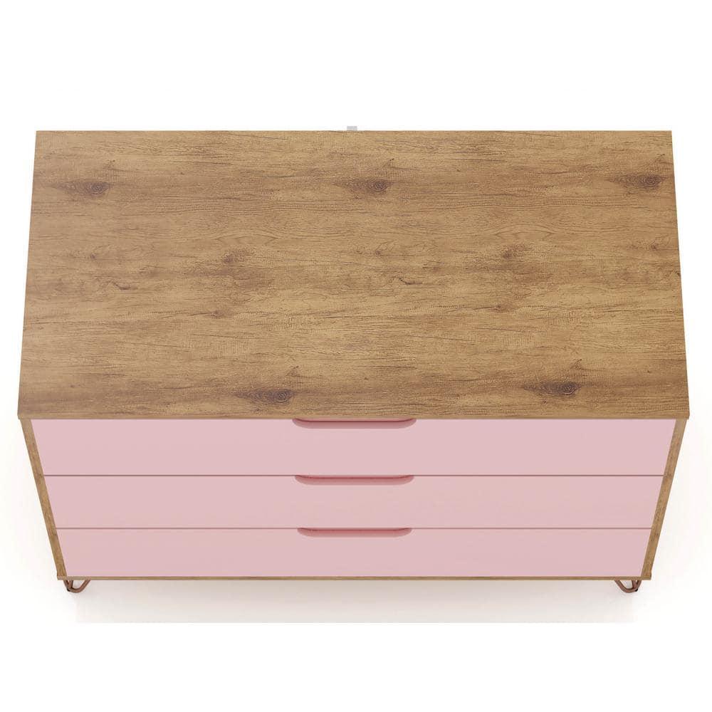 Set of 2 Rockefeller 3 Drawer Dresser Nature/Rose Pink - Manhattan Comfort: MDF Bedroom Storage, Easy-Glide, 6 Drawers