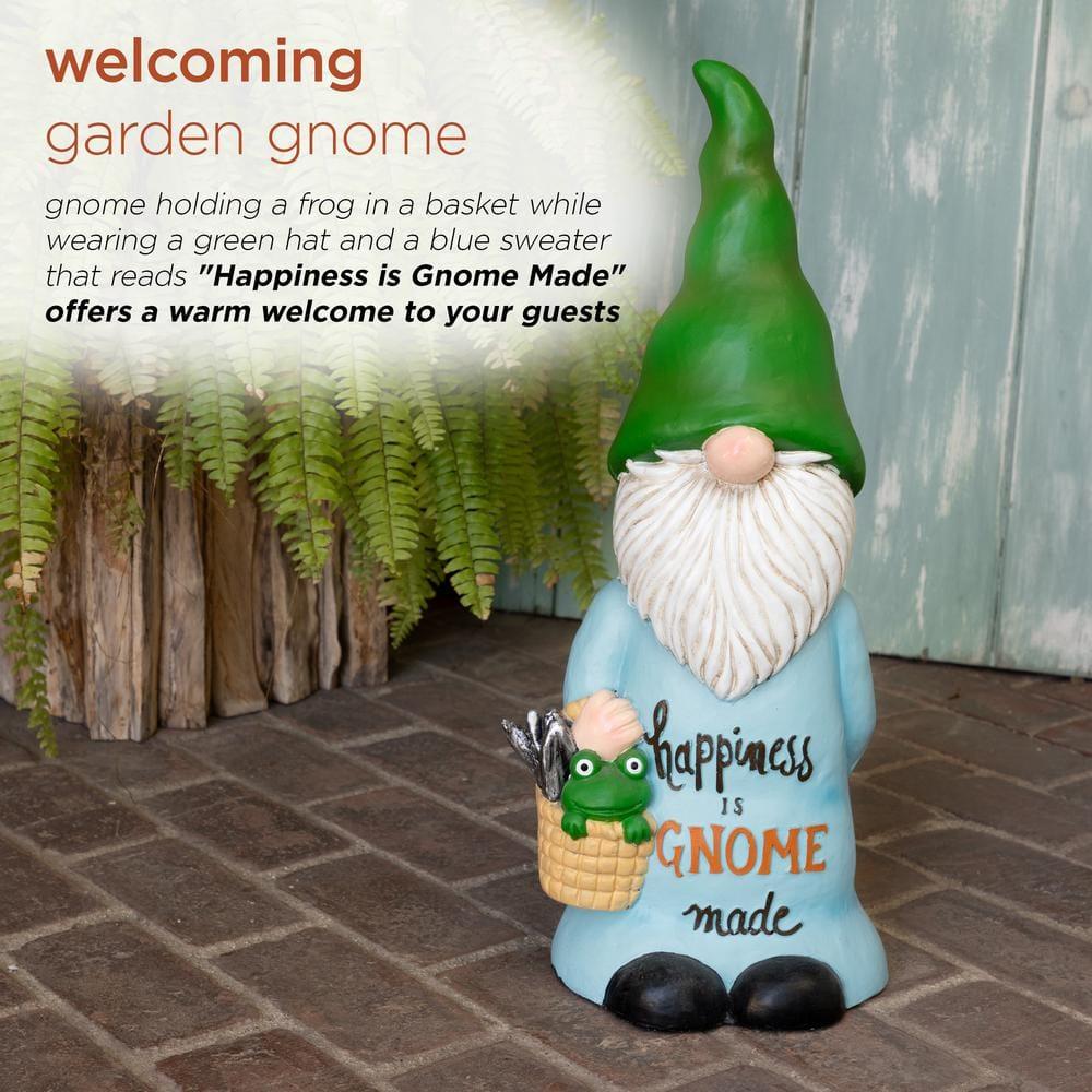 24" Magnesium Oxide "Happiness is Gnome Made" Indoor/Outdoor Garden Gnome Statue Green/Blue - Alpine Corporation