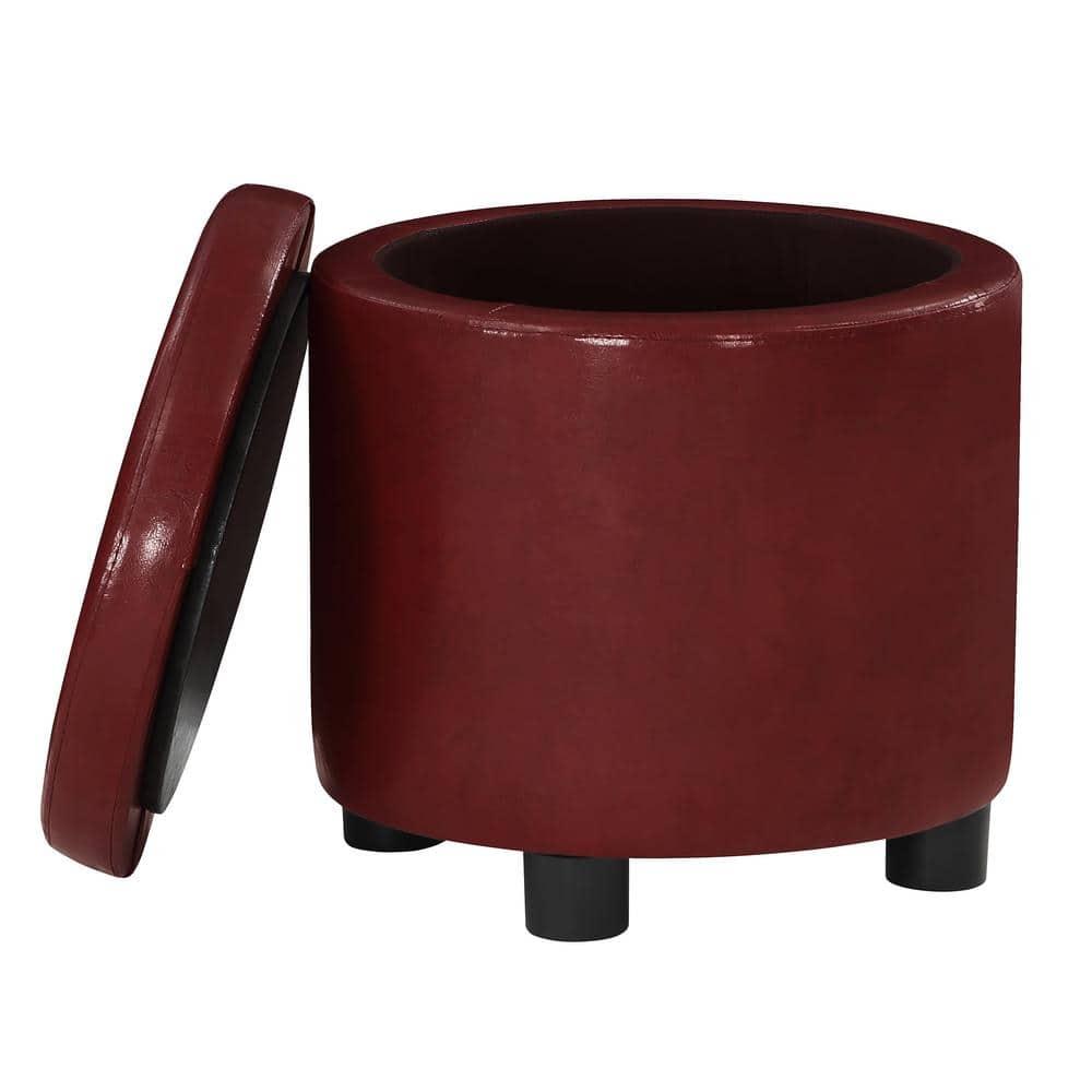 Designs4Comfort Round Accent Storage Ottoman with Reversible Tray Lid, Burgundy Faux Leather