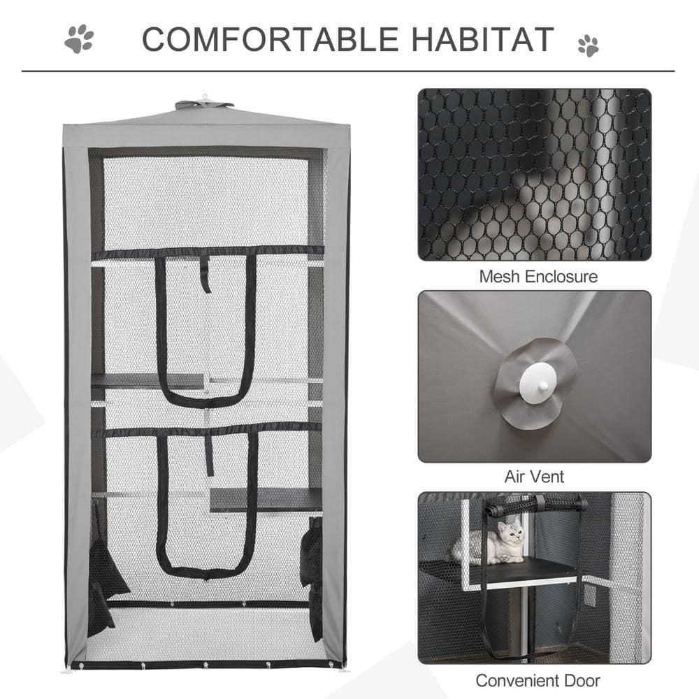 PawHut 79"H Cat House Kitten Enclosure Mesh Playpen Steel Frame with 3 Platforms, 2 Doors and 4 Sandbags for Stability, Indoor/Outdoor