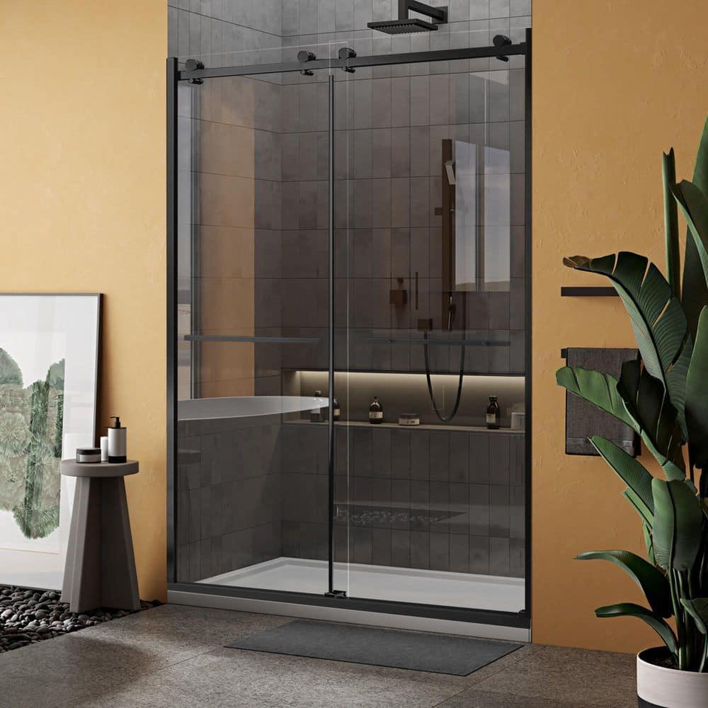 56" - 60" W 74” H Double Sliding Frameless Shower Door with Fixed Glass Panel