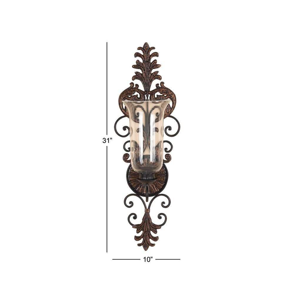 DecMode Bronze Glass Wall Sconce with Scroll Designs