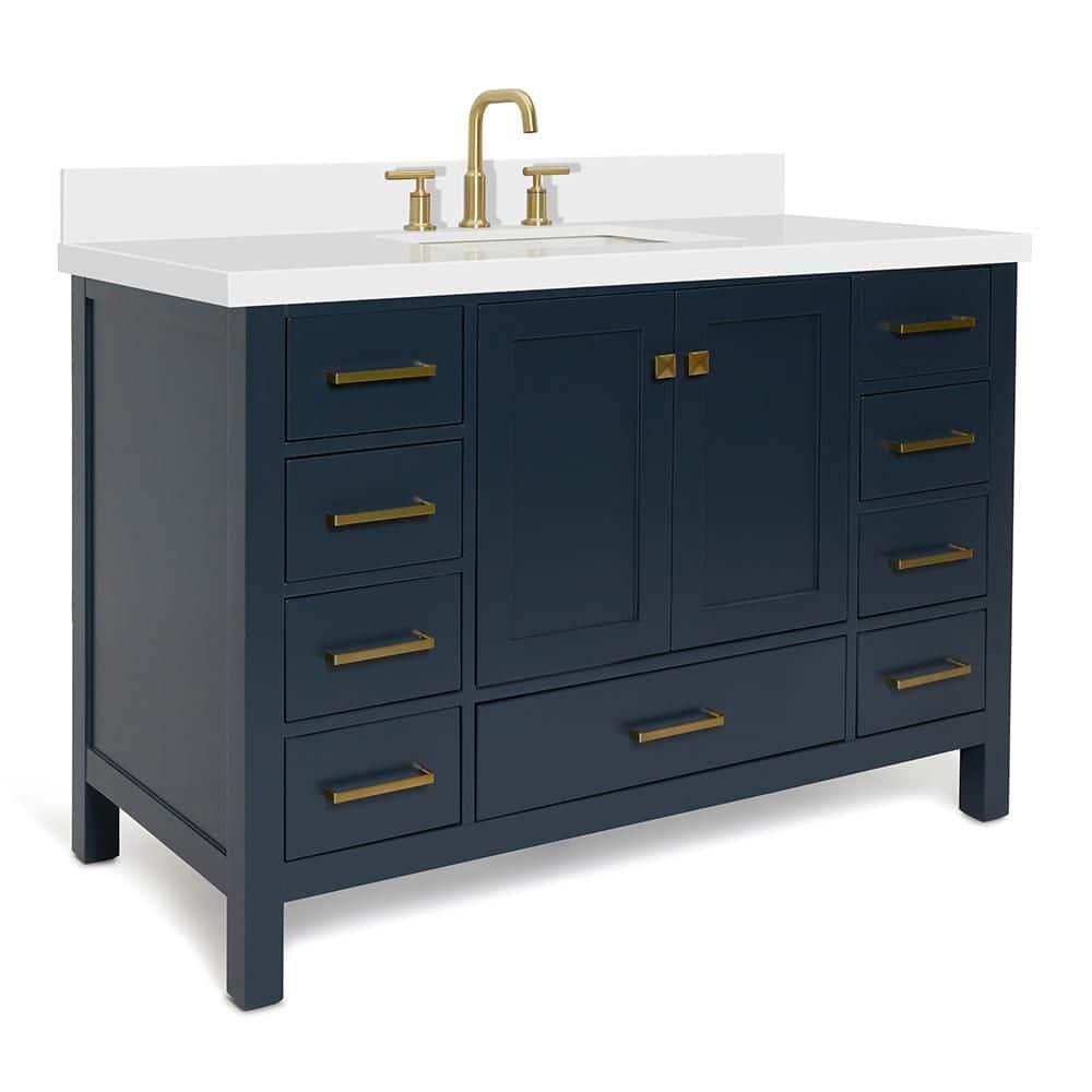 ARIEL 49" Bathroom Vanity with 1.5" Edge Pure White Quartz Countertop & Backsplash, Center Rectangular Sink, 2 Soft Closing Doors, 9 Full Extension Dovetail Drawers, Brushed Nickel - Midnight Blue