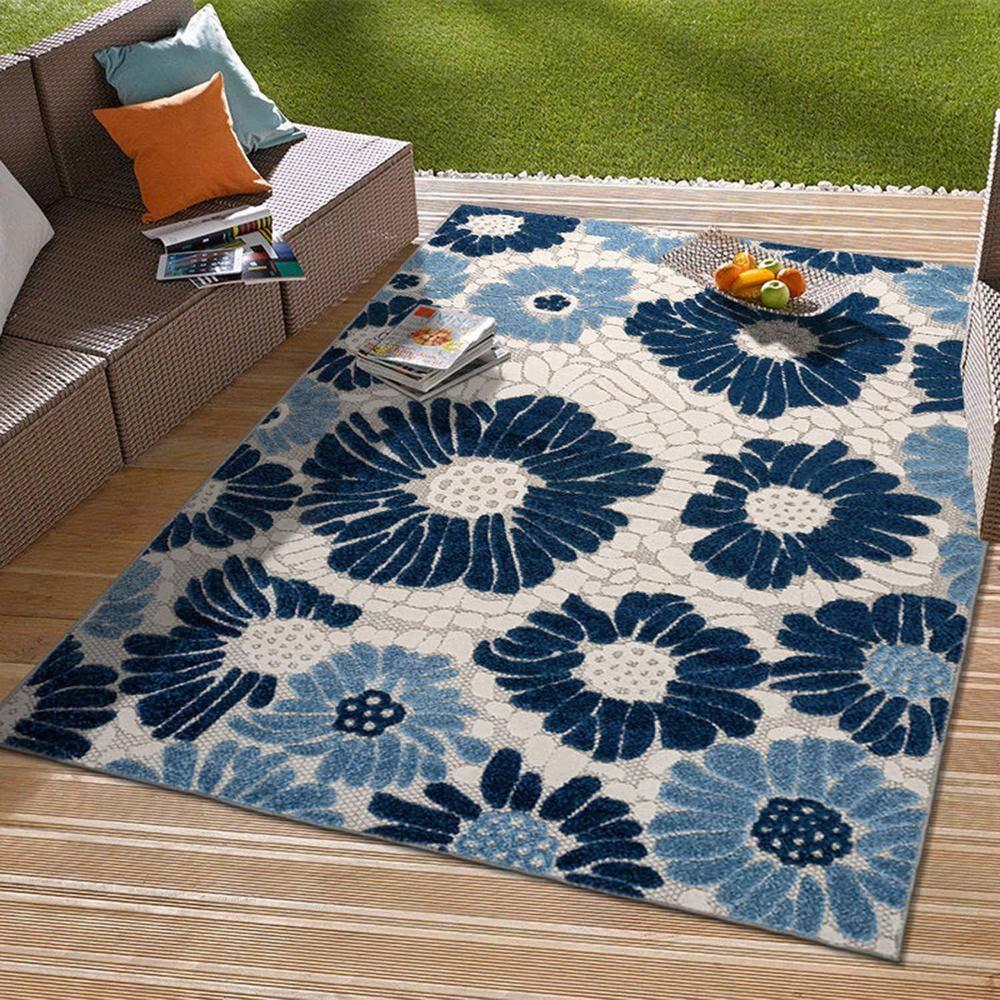 World Rug Gallery Palermo Modern Floral Indoor/Outdoor Area Rug - Navy 5' x 7':  Weather-Resistant,  Low Pile,  Botanical Pattern