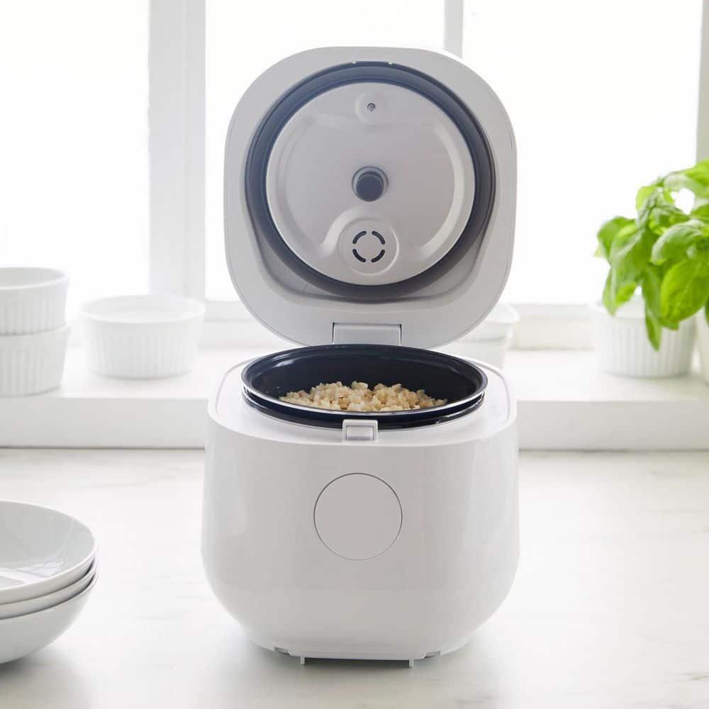 Compact White Electric Rice and Grains Cooker with Ceramic Nonstick Bowl