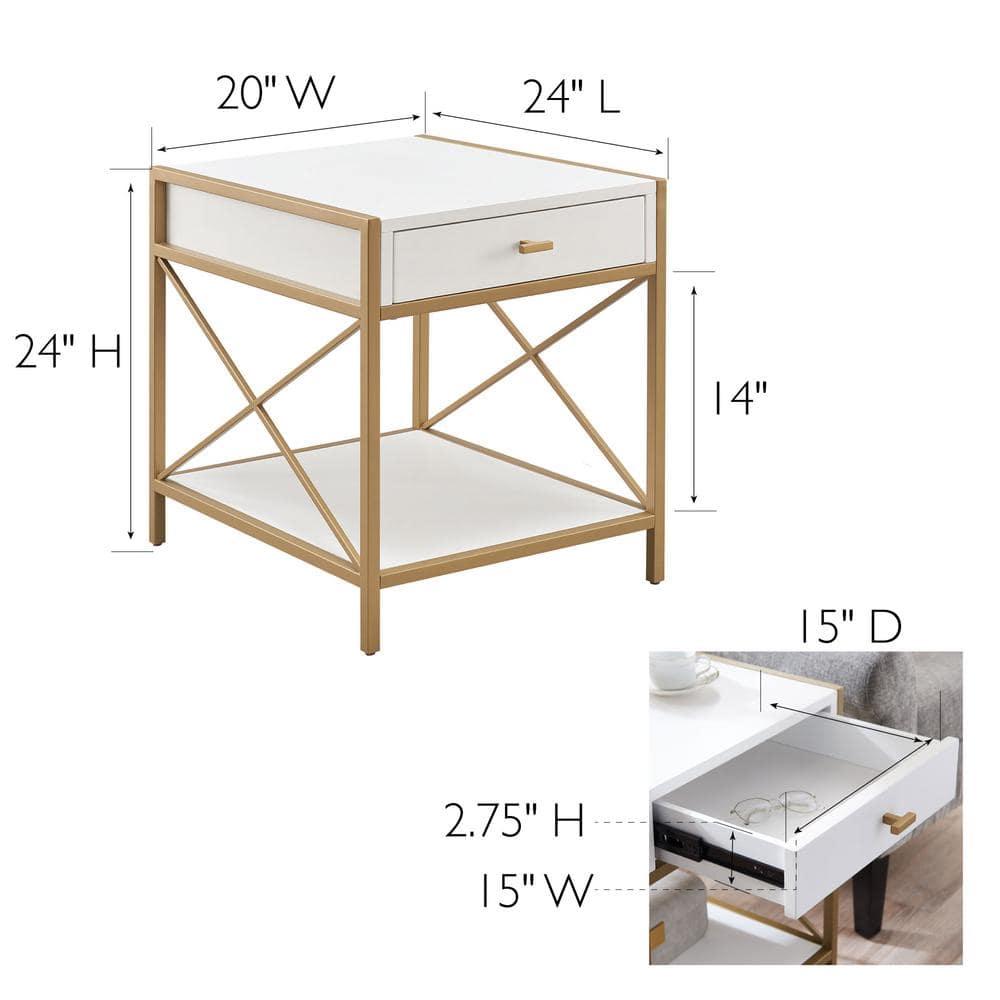 Leick Home Claudette Mixed Metal and Wood 1-Drawer End Table with Shelf, White/Gold