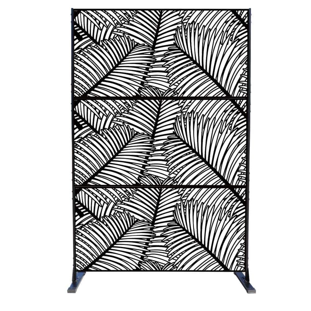 Kozyard Kozyard Metal Privacy Screen Decorative Outdoor Divider With Stand Panels (Black Palm Leaf)