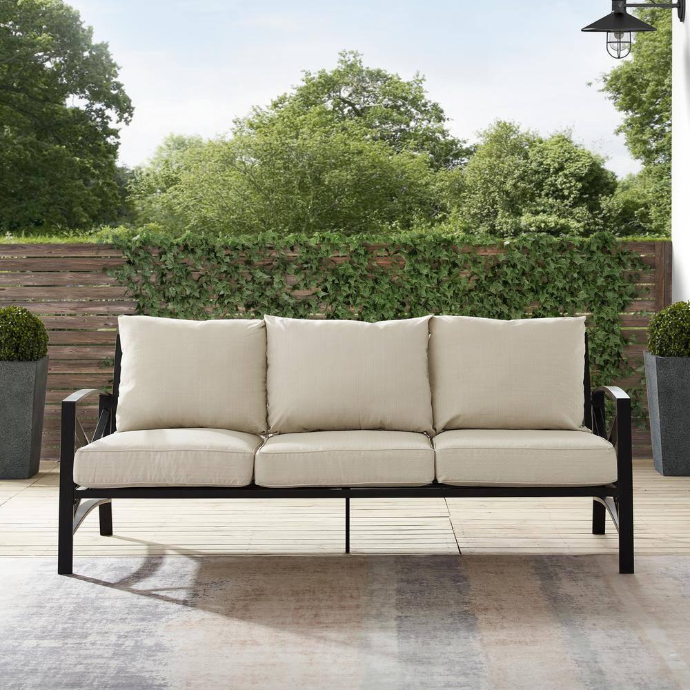 Kaplan Outdoor Metal Sofa Oil Rubbed Bronze with Oatmeal Cushions - Crosley: Steel Frame, UV-Resistant, 3-Seater