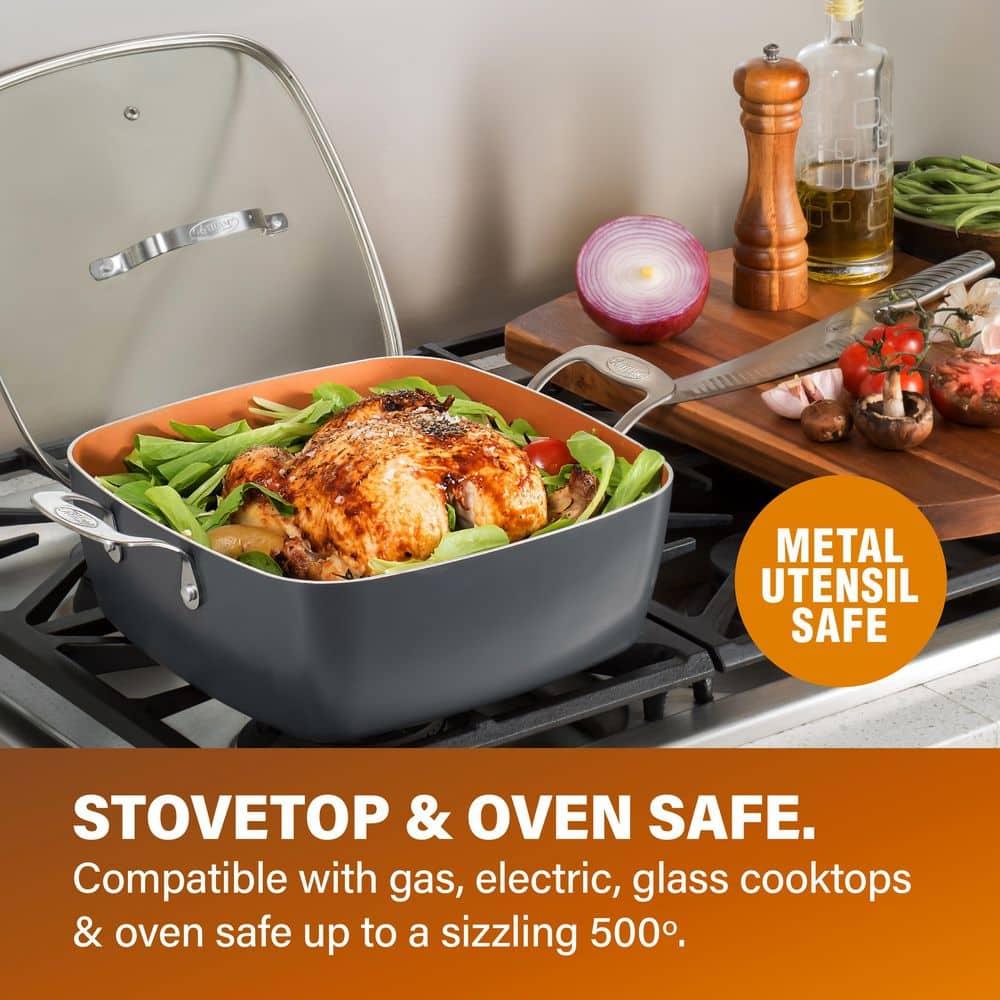 Gotham Steel Gotham Steel 9.5" Deep Squre Nonstick Pan with Steamer Tray, Fry Basket and Glass Lid