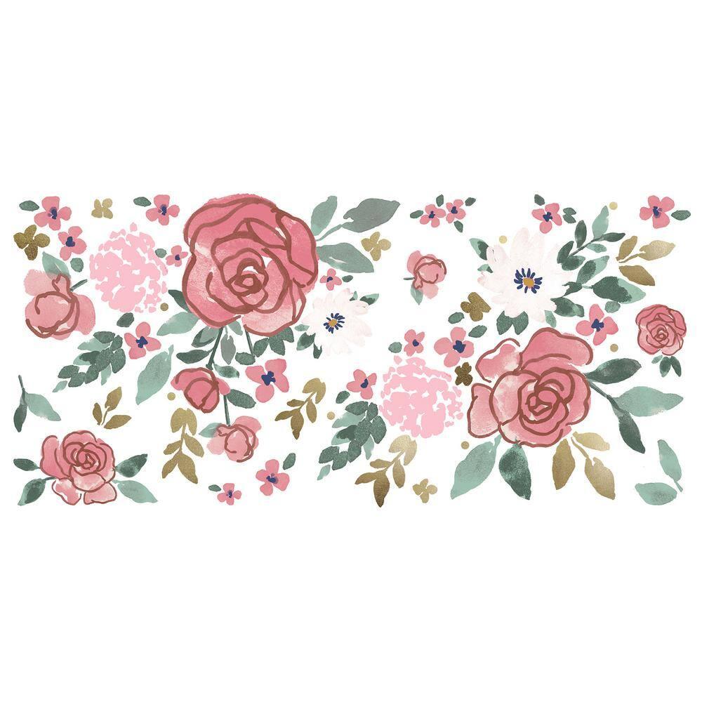 Floral & Gold Pink Peel and Stick Wall Decals by RoomMates, RMK5530GM