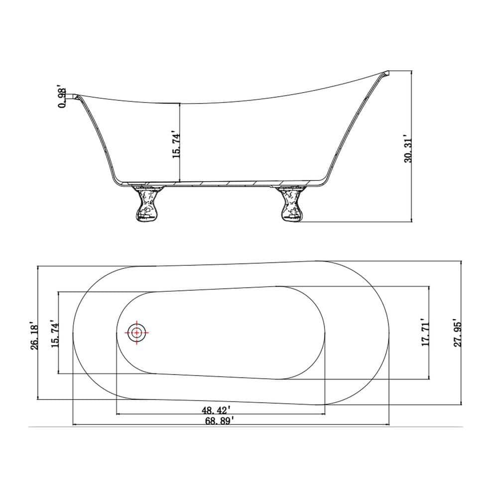 Luxurious Spa Acrylic 69" x 30" Clawfoot Soaking Bathtub