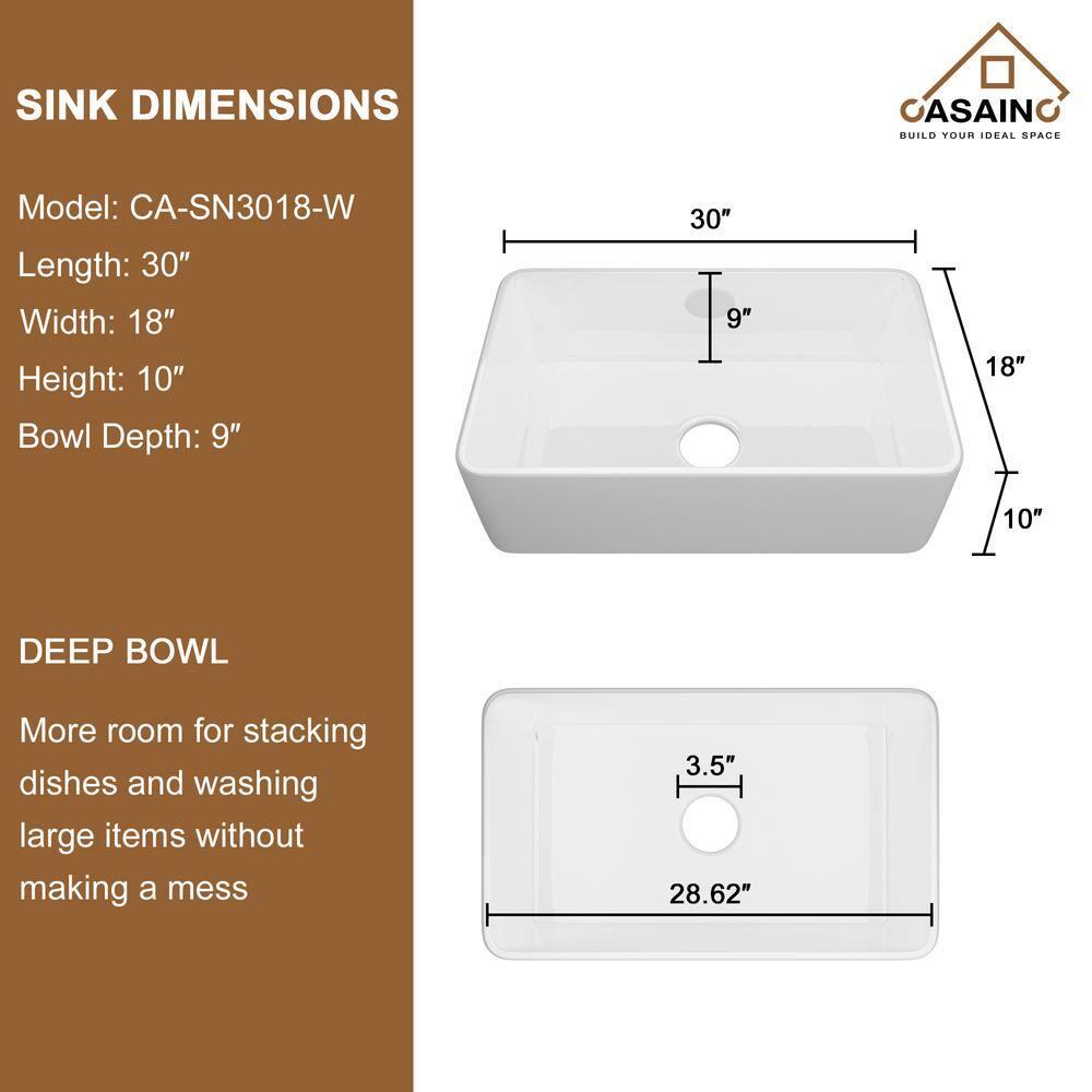 CASAINC Single Bowl White Fireclay Farmhouse Kitchen Sink With Faucet Included