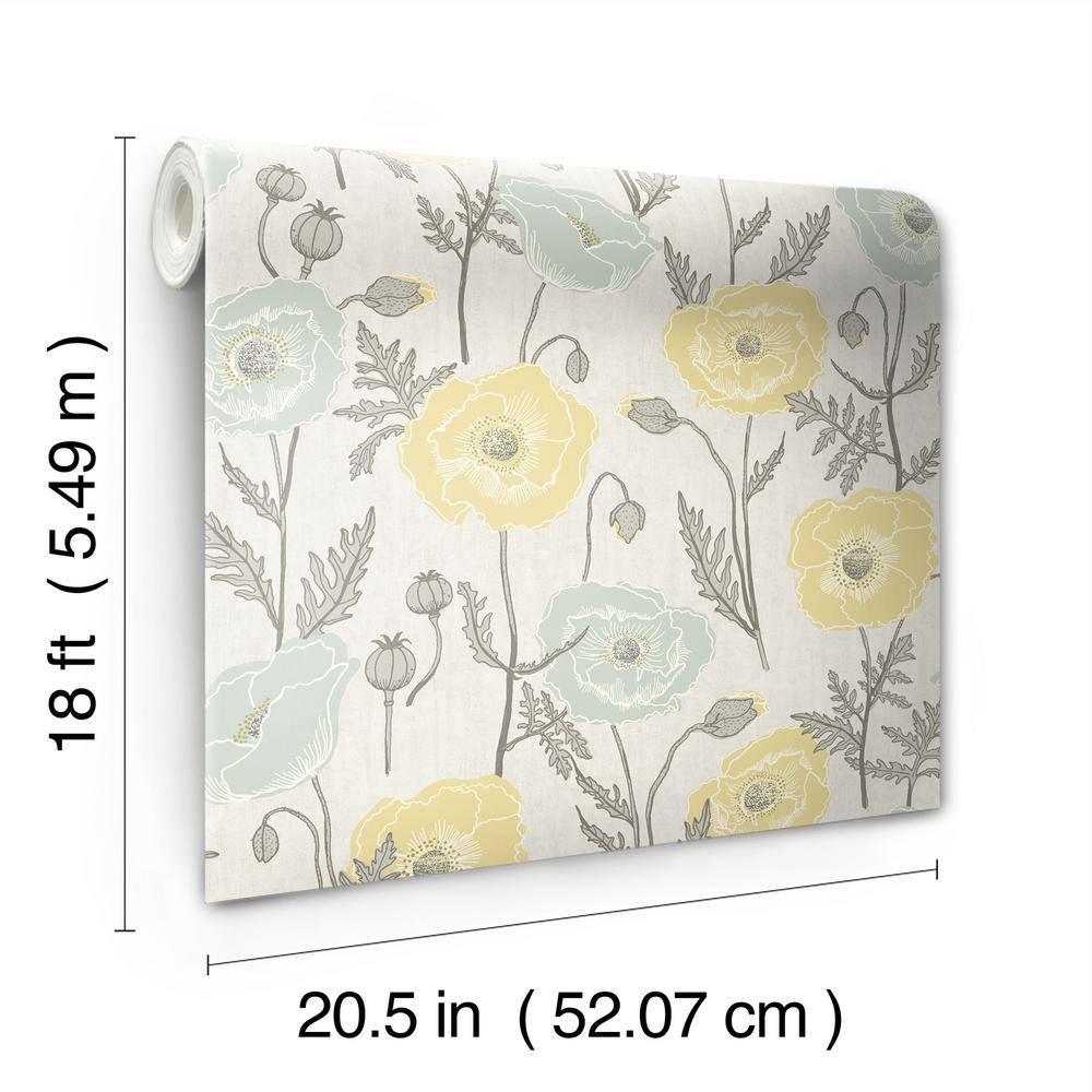 Aqua and Yellow Poppy Field Peel and Stick Wallpaper