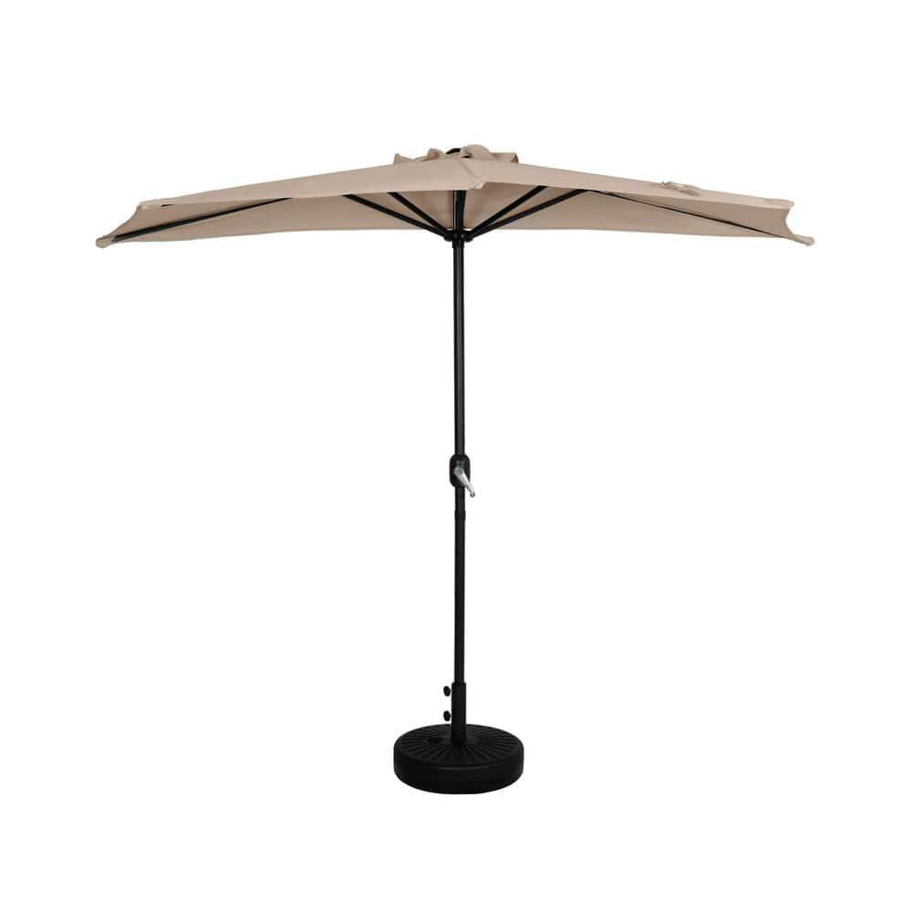 9 ft Half Market Umbella with Black Round Free Standing Plastic Base, Beige