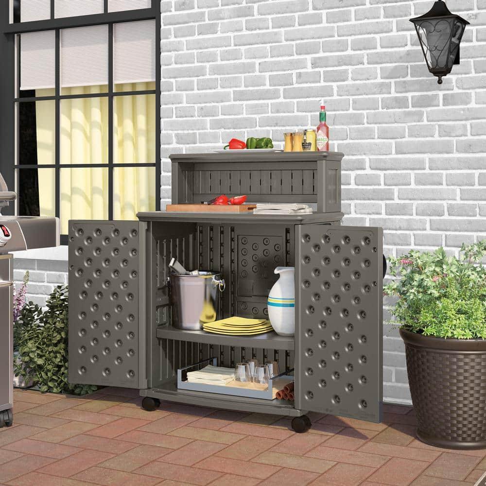Suncast Patio Plastic Storage and Prep Station with Wicker Pattern, Stoney Gray