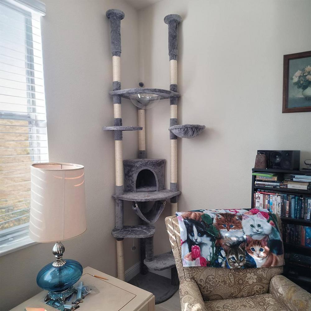 PEQULTI Floor to Ceiling Cat Tree 92.9’’-101.6’’ Height Adjustable Cat Tower Tall Kitty Climbing Play House with Scratching Posts, Cozy Condo, Perches and Large Hammock for Indoor Cats Gray