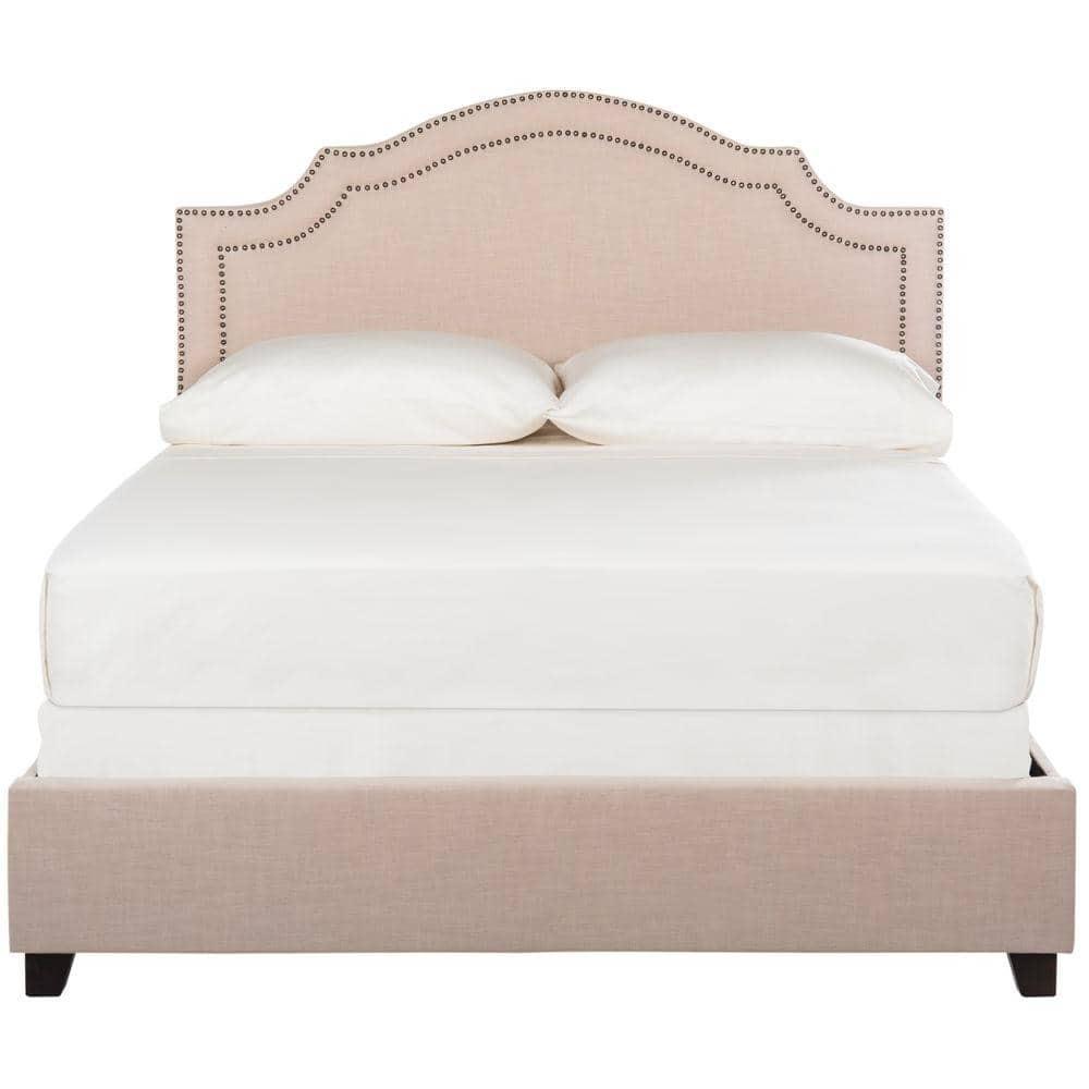 SAFAVIEH Theron Modern Elegant Upholstered Bed Frame with Nail Heads, Full, Light Beige/Brass Nails