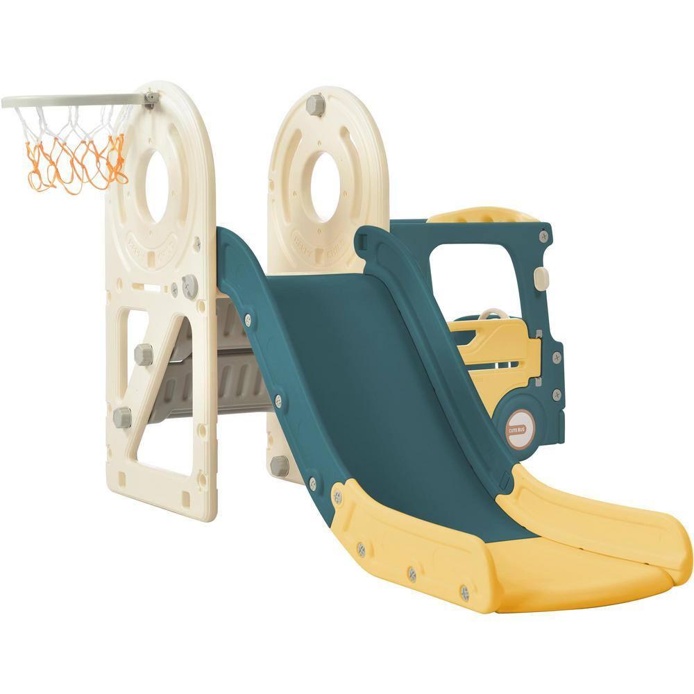 Gzxs Toddler Slide and Swing, Bus Playhouse Freestanding Baby Slide Playset with Basketball Hoop for Indoor Outdoor Backyard Playground (Yellow Bus Slide)
