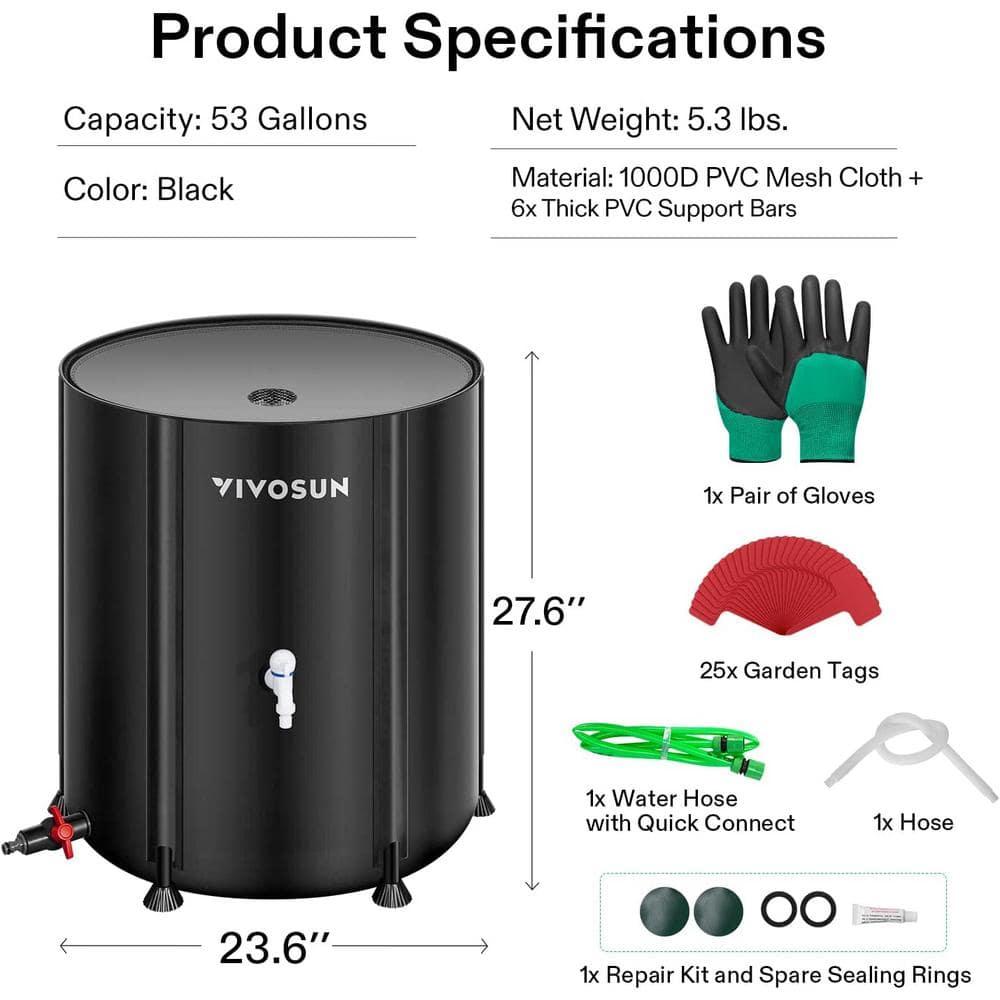 VIVOSUN Collapsible Rain Barrel, 53 Gallon Water Storage Tank with 1000D Oxford Cloth, Portable Rain Collection System Includes Two Spigots and Overflow Kit, Black