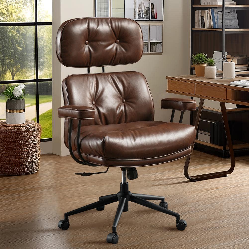 Kro PU Fabric Swivel Ergonomic Office Task Chair in Dark Brown with Recliner High Back Lumbar Support Adjustable Arms