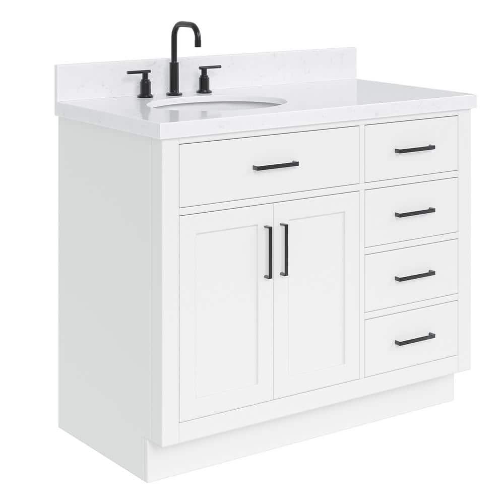 Hokku Designs Thornaby 42'' Solid Wood Single Bathroom Vanity with 1.5'' Carrara Quartz Top, Left Offset Oval Sink