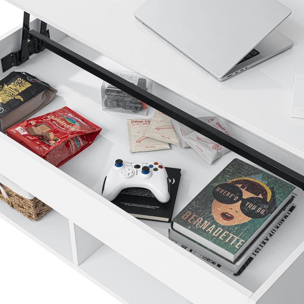 40" Modern Lift Top Coffee Table with Hidden Compartment White Coffee Table with LED Lights High Gloss Cocktail End Table with Open Shelf