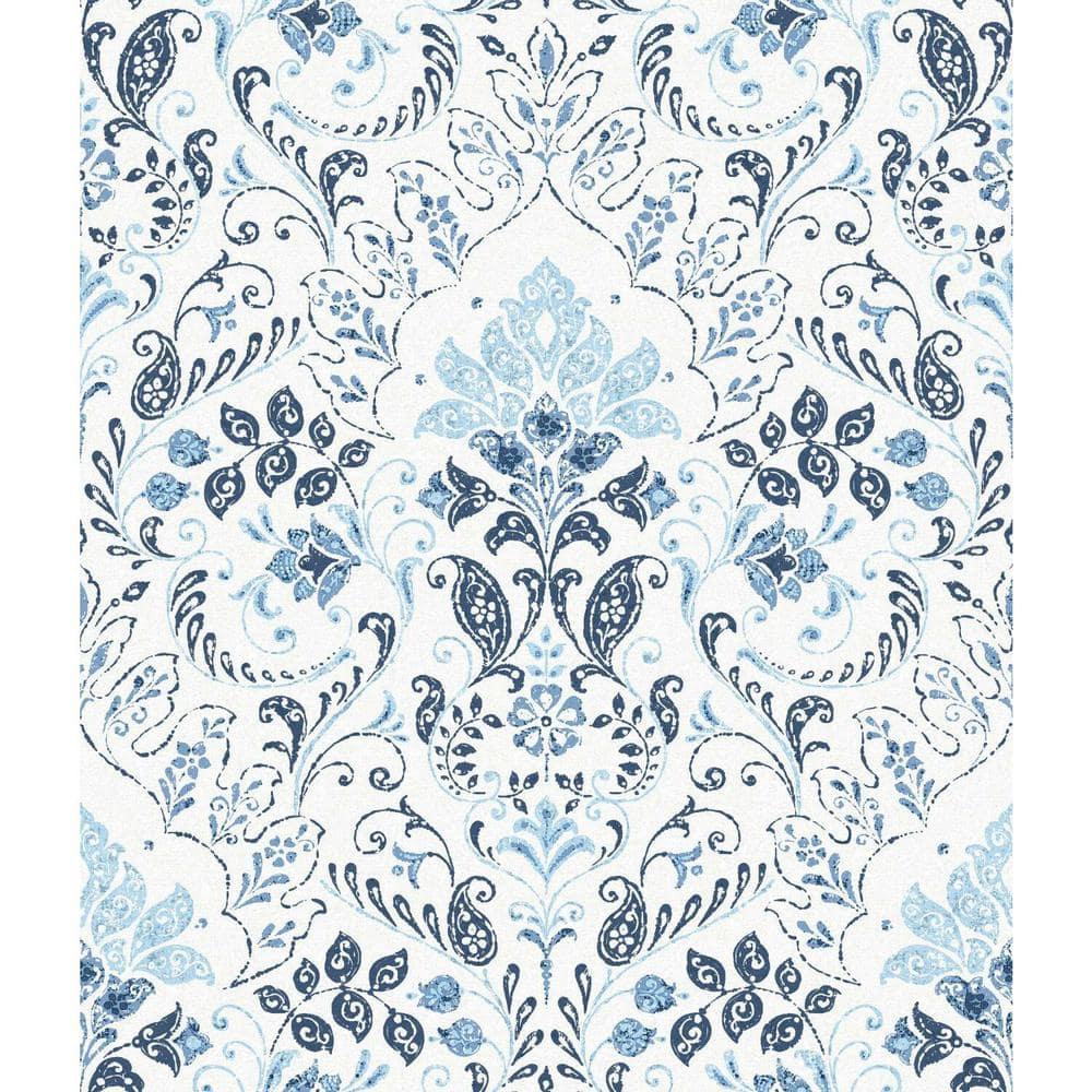 Blue and White Vinyl Damask Peel and Stick Wallpaper