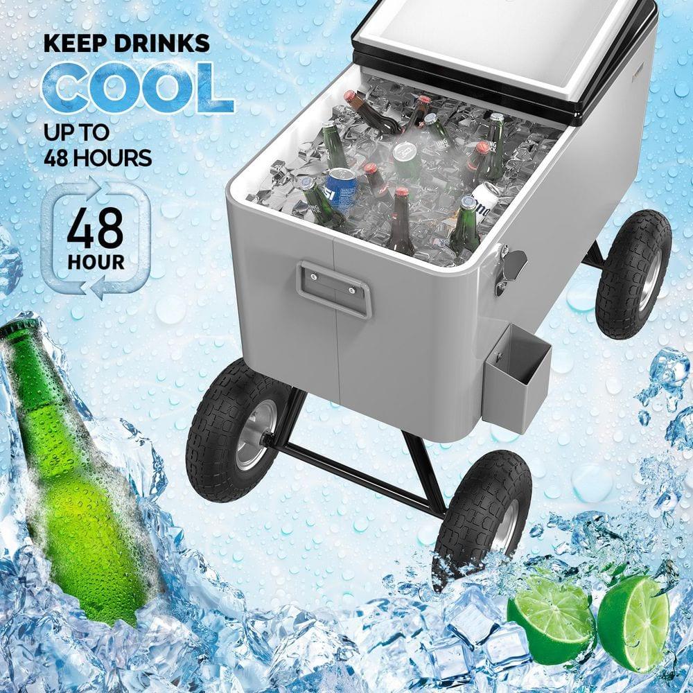 VINGLI 80qt. Wagon Rolling Cooler Ice Chest w/Long Handle and 10" Wheels, Patio Cooler, Outdoor Park Cart on Wheels