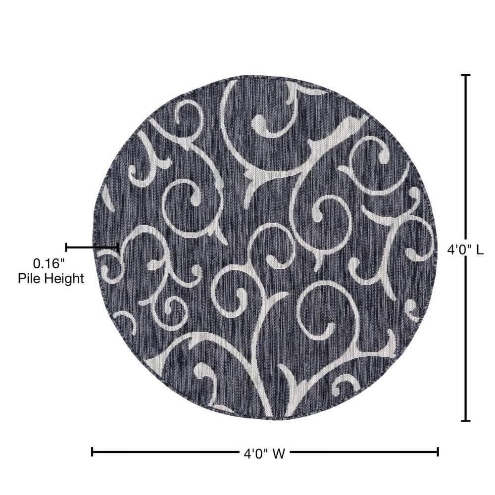Unique Loom 4' 0 x 4' 0 Round Indoor/Outdoor Botanical Charcoal Gray Area Rug