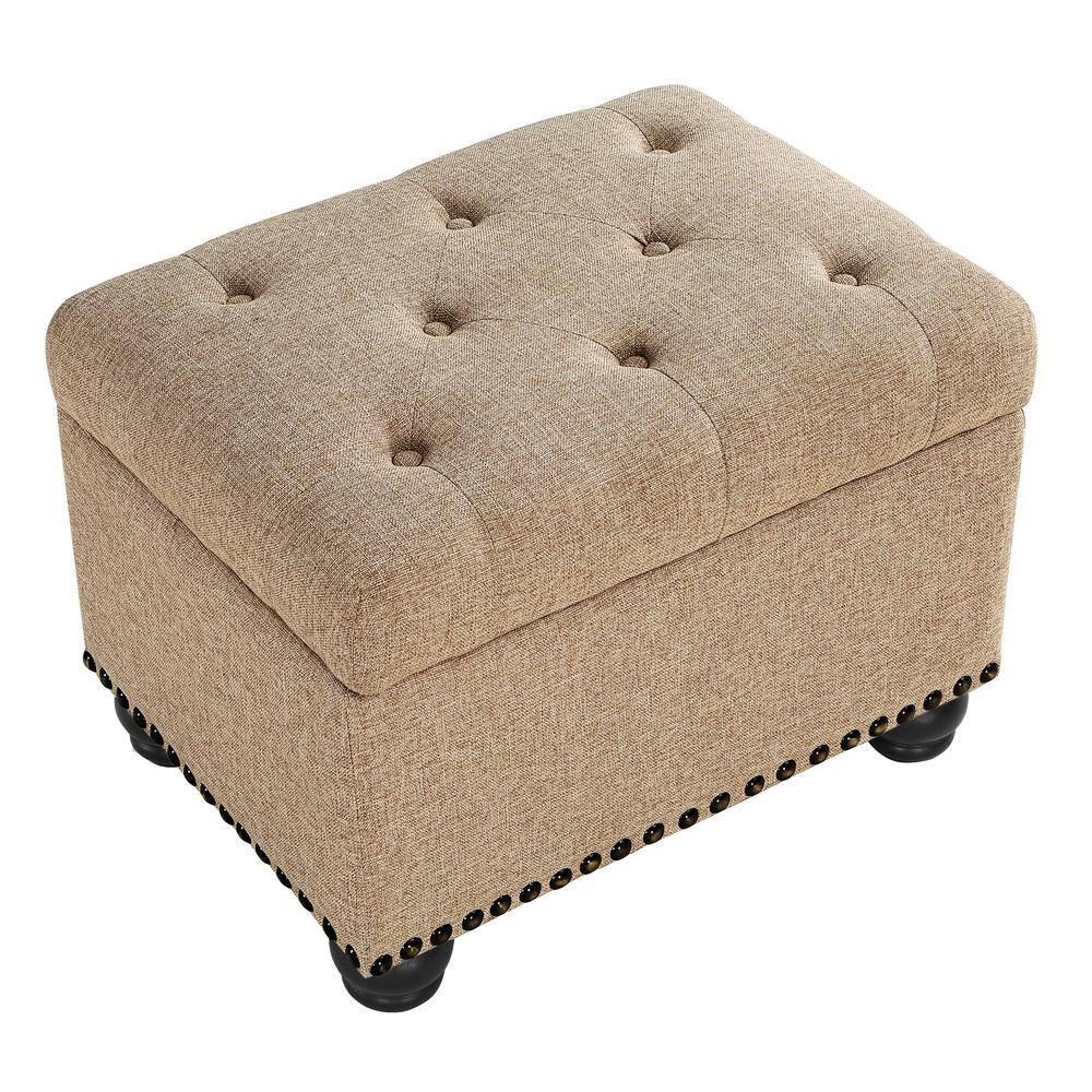 Designs4Comfort 5th Avenue Storage Ottoman in Beige Tan Fabric & Nail Head Trim