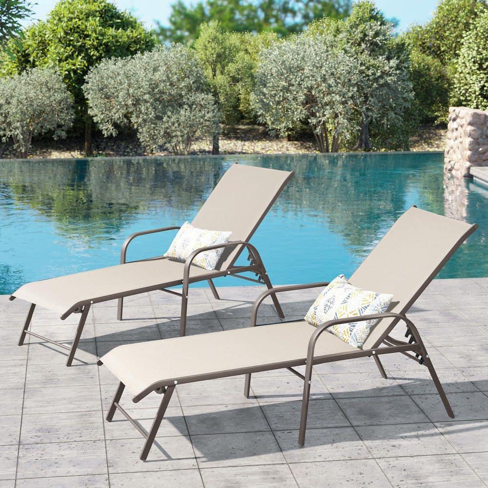 Crestlive Products Set of 2 Aluminum Patio Chaise Lounge Chair Folding Outdoor Recliners, Beige