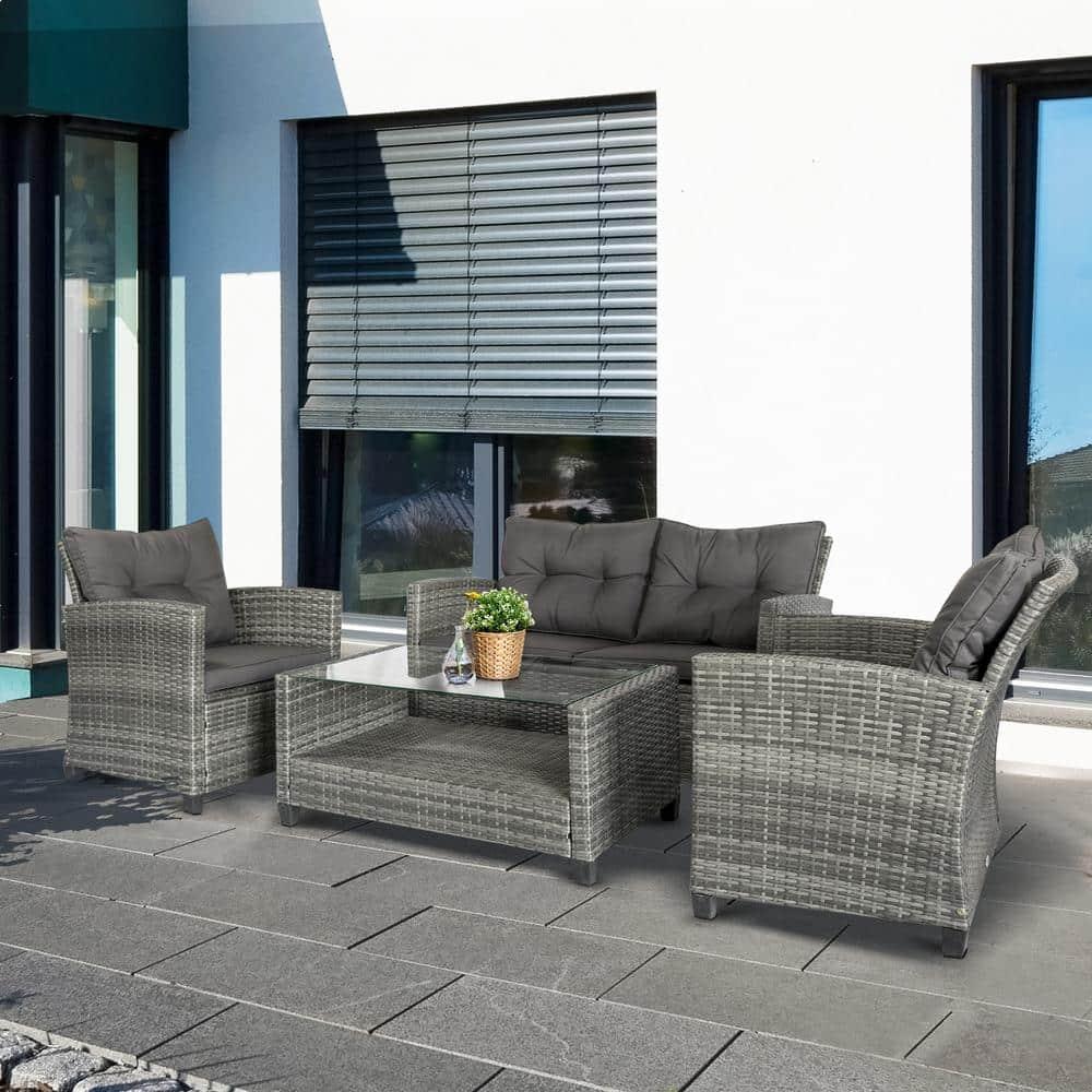 Outsunnny 4 Piece Patio Furniture Set, Outdoor Wicker Loveseat Sofa & Chairs, with 2-Tier Coffee Table & Tufted Cushions, Carbonized