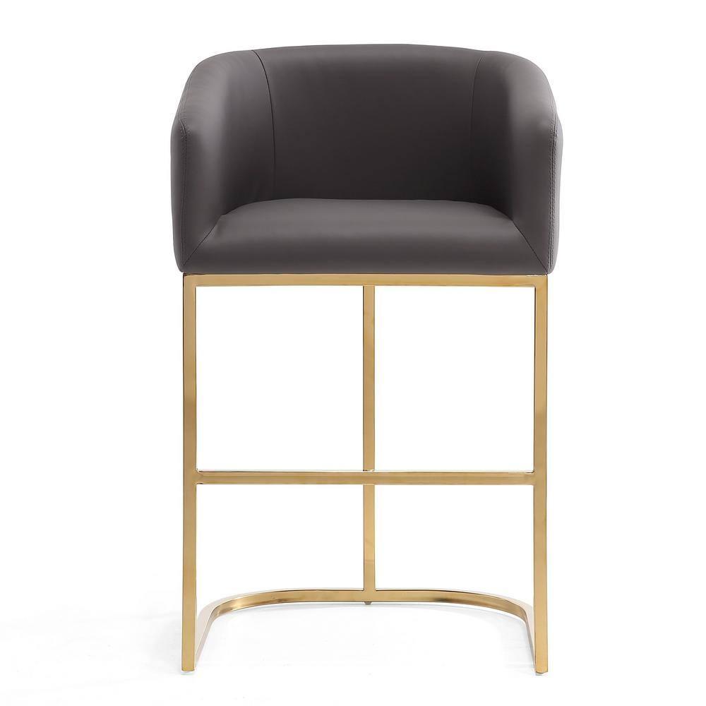 Manhattan Comfort Set of 3 Louvre Upholstered Stainless Steel Counter Height Barstools Gray: Faux Leather, Curved Back, Footrest