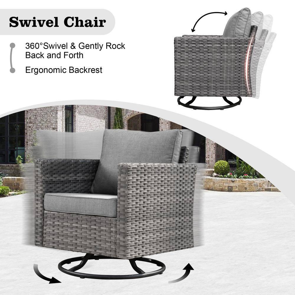 Ovios Venice 11pc Wicker Outdoor Patio Furniture Set Conversation Sofa with a Metal Fire Pit Swivel Chairs and Dark Gray Cushions
