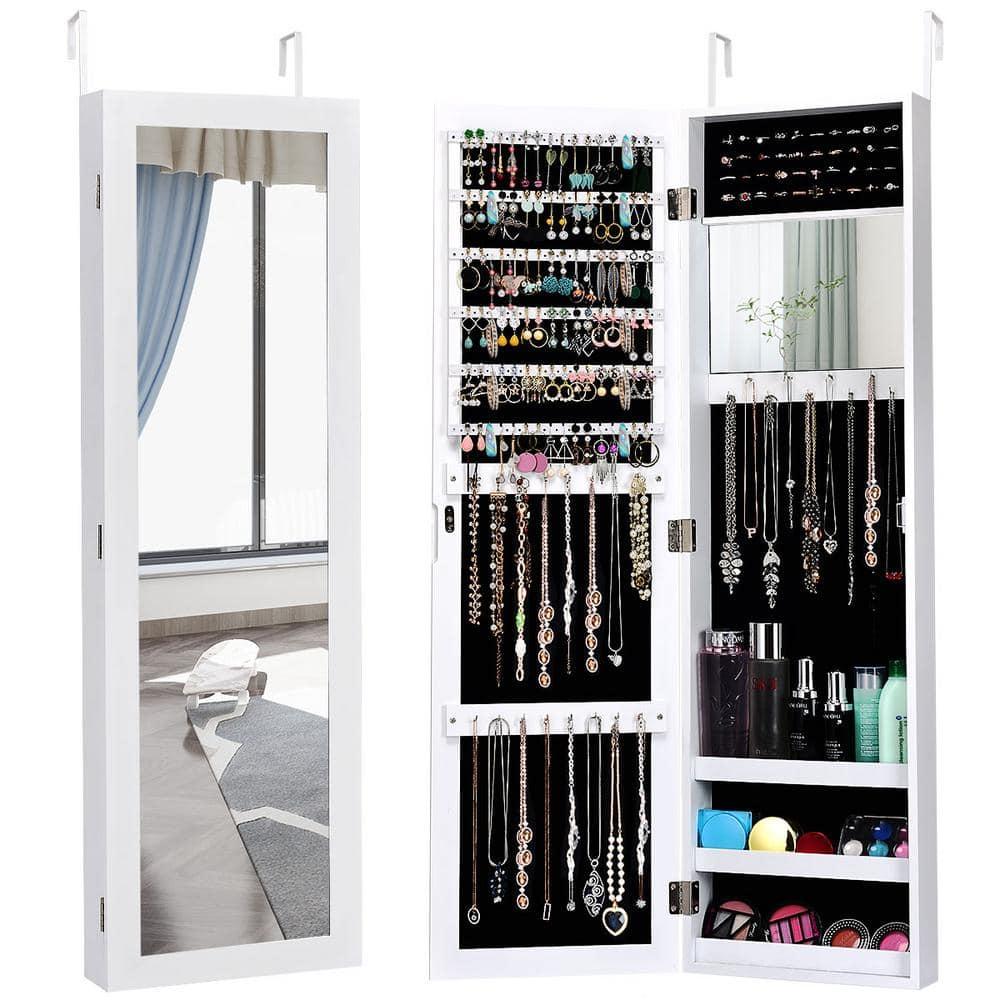 Costway Wall Door Mounted Mirrored Jewelry Cabinet Storage Organizer White