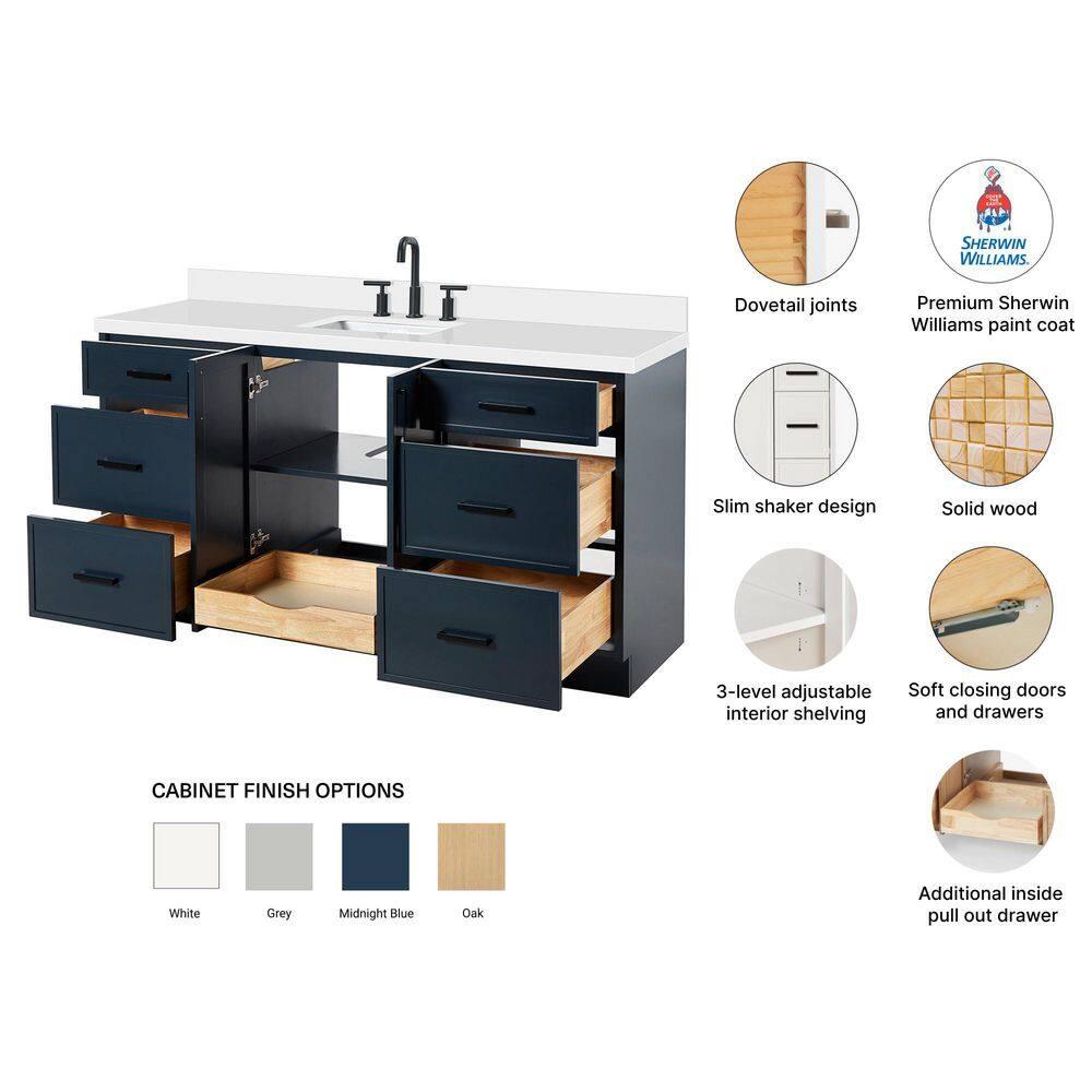 Ariel Kelly 67 Inch Single Rectangular Sink Bathroom Vanity With Pure Quartz Countertop