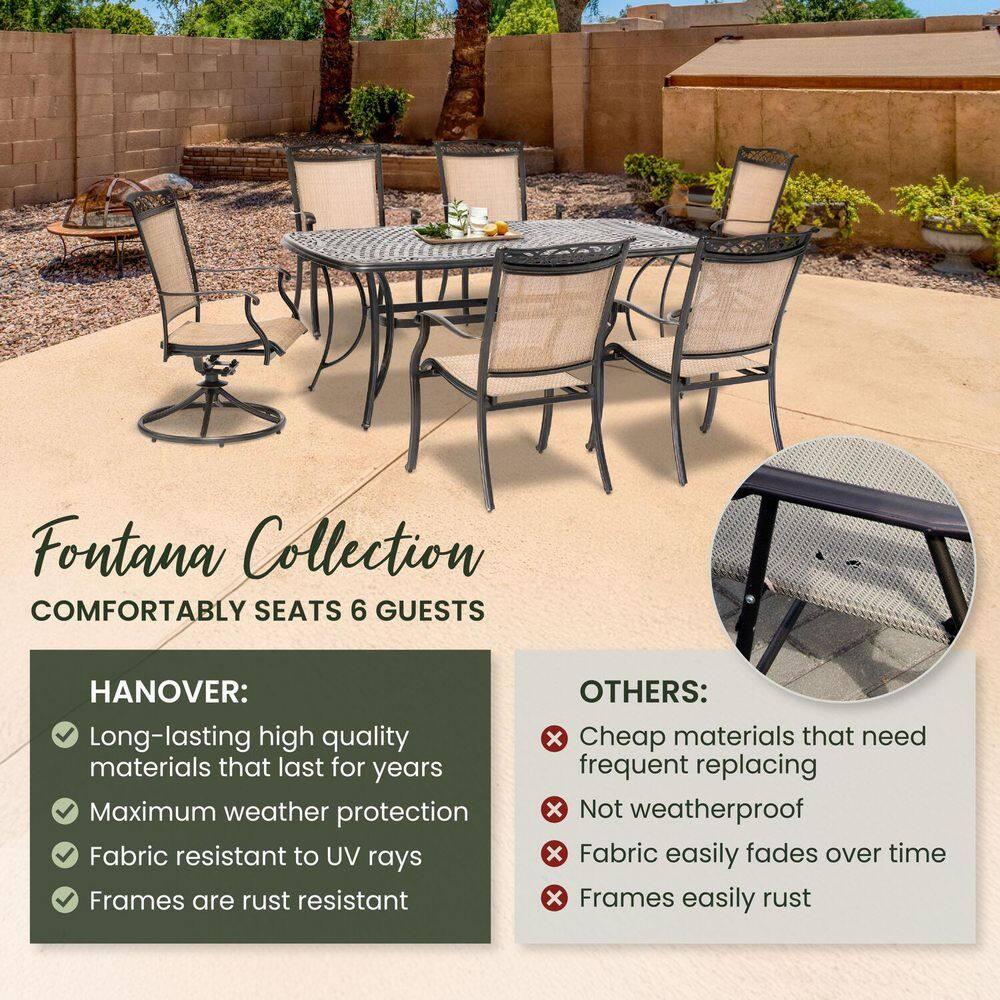 Hanover Fontana 7-Piece Outdoor Dining Set with 2 Sling Swivel Rockers, 4 Sling Chairs, and a 38-In. x 72-In. Cast-Top Table