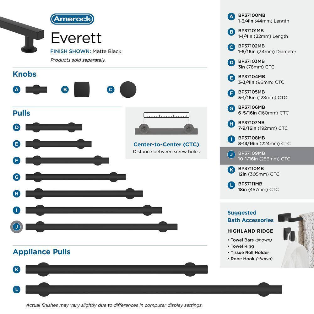 Amerock Everett 10-1/16 inch (256mm) Center-to-Center Matte Black Cabinet Pull