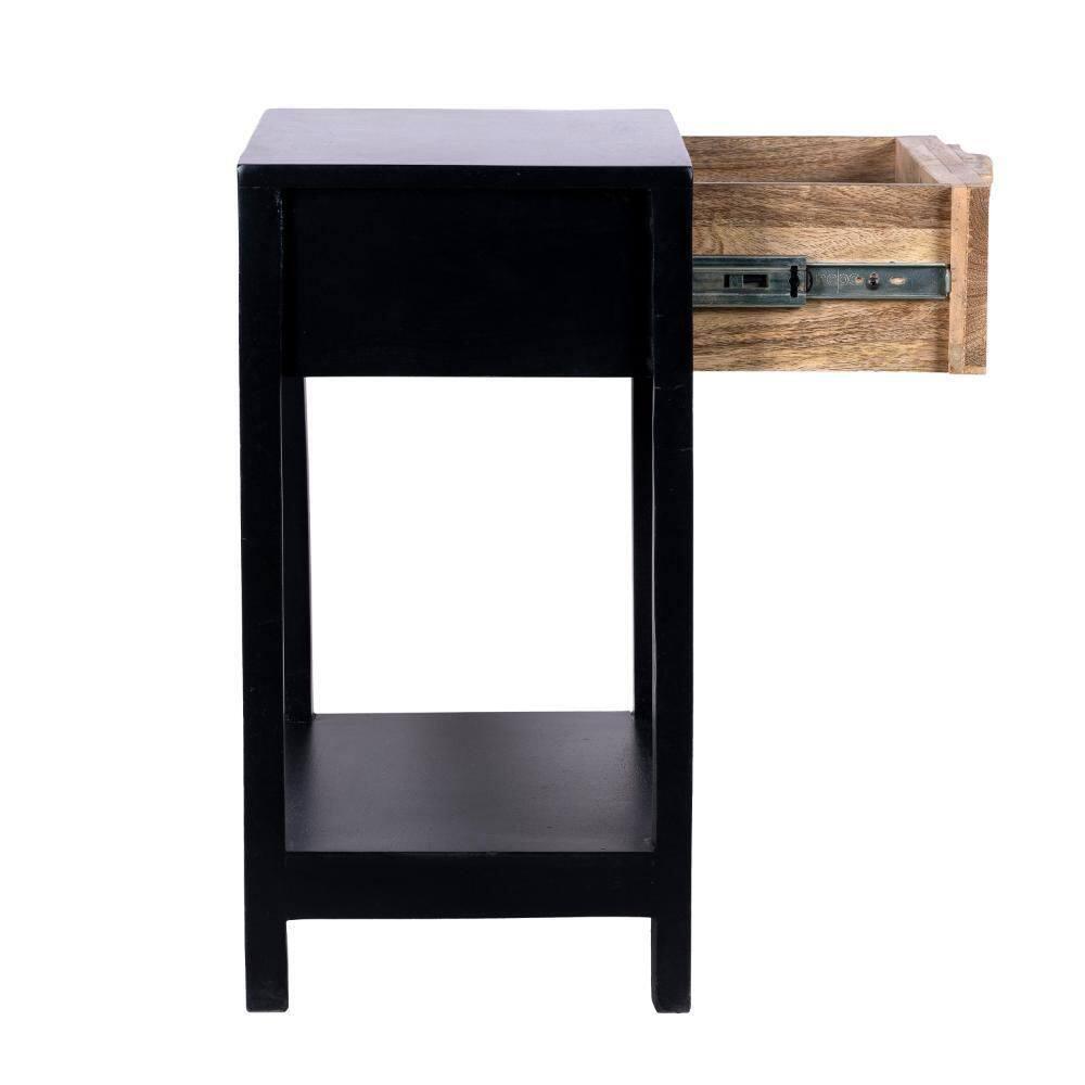 Benzara 22" Side Table with Rattan Front Drawer and Open Shelf Mango Wood Frame Black/Brown