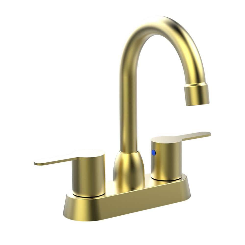 Brushed Gold Bathroom Faucet - 2 Handle, 360 Degree Swivel Spout, Centerset, 4 Inch Vanity, RV & Lavatory Use