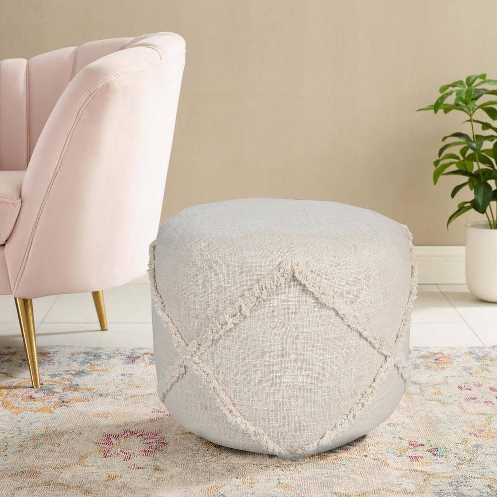 LR Home Small Over-tufted Diamond Indoor Round Pouf, Beige, 18" x 18" x 14"