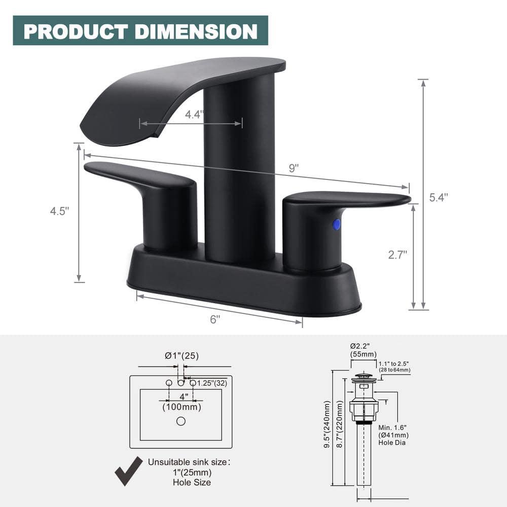 4-inch Centerset Double Handle Waterfall Bathroom Sink Faucet with Pop-up Drain Kit