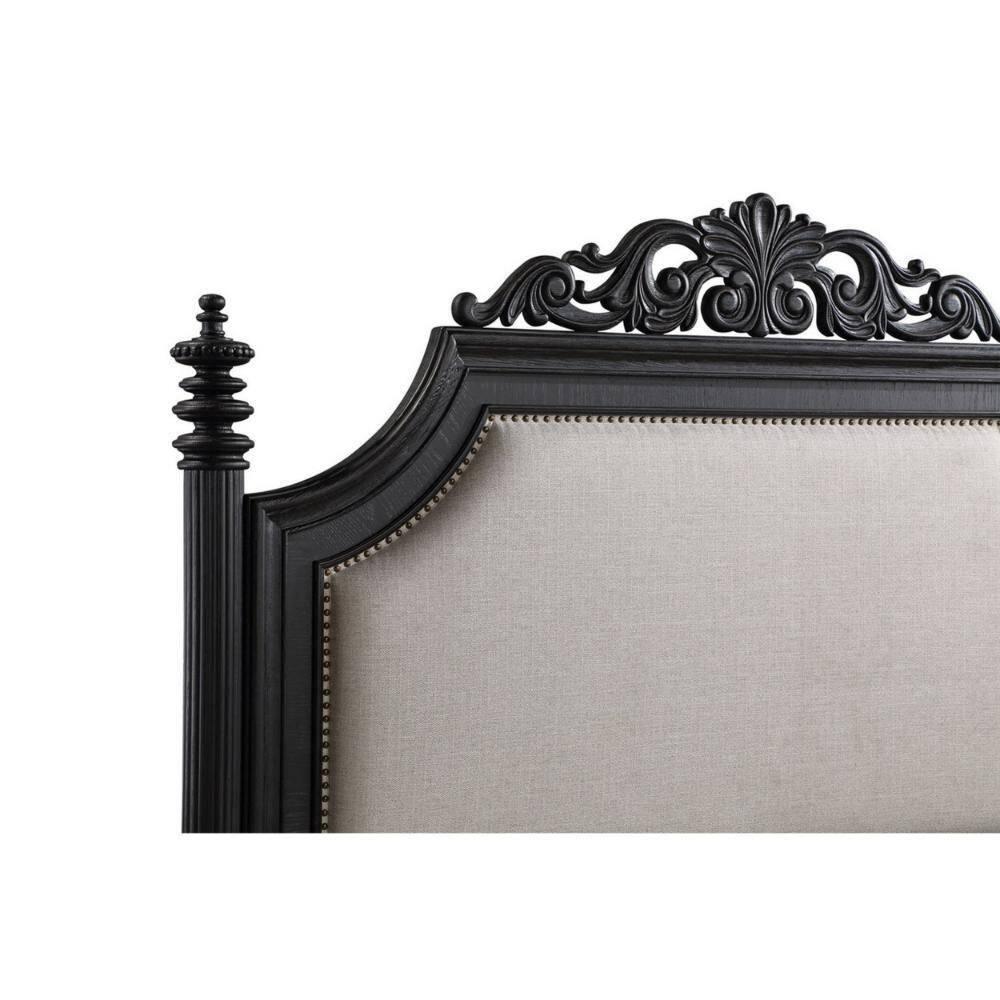Berry King Black Wood Bed with Cream Upholstered Headboard