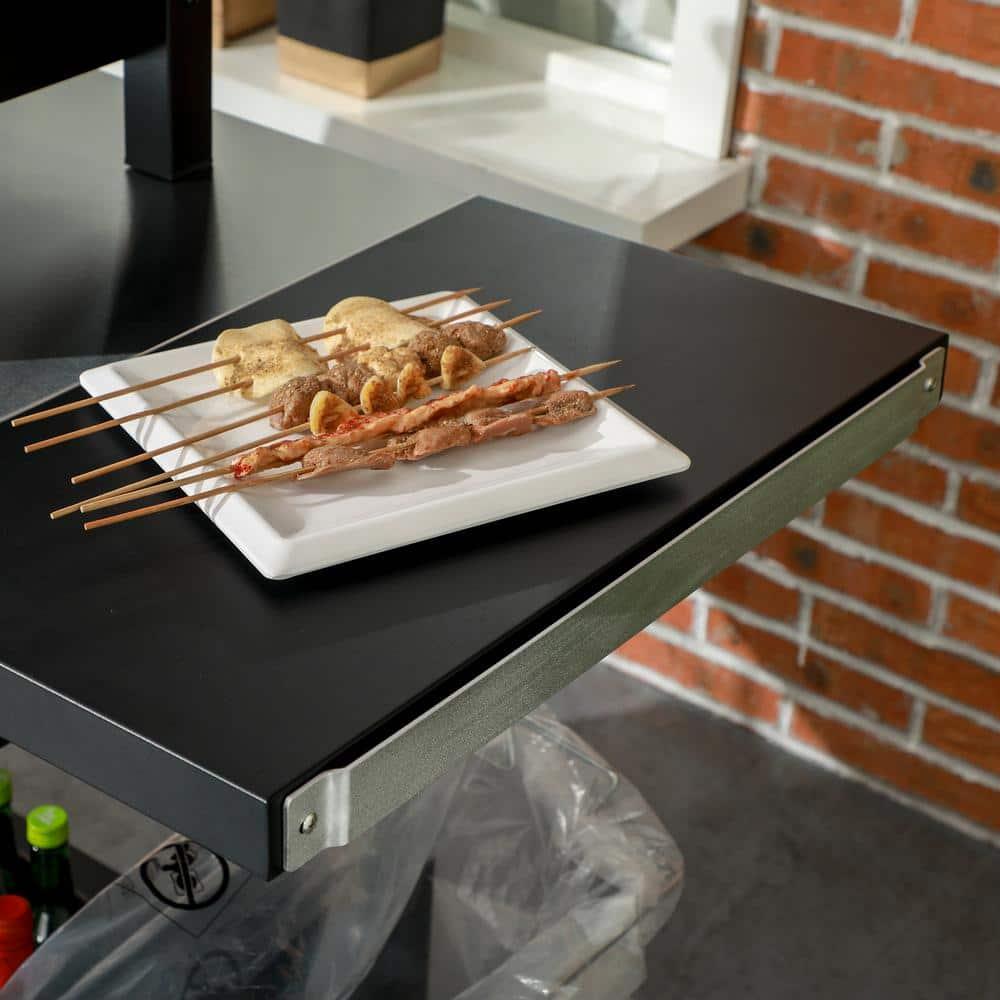 Outdoor Grill Cart with Foldable Side Table, 46" x 21.75" Multifunctional Stainless Steel Pizza Oven Stand with Three-Shelf, Movable Food Prep Table on Wheels, Black