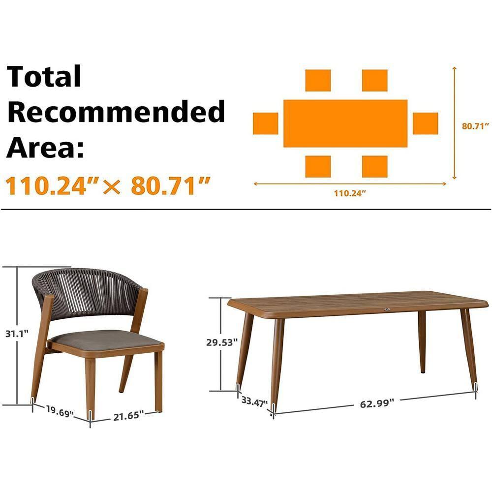 7-Piece Aluminum Wicker Dining Table and Chairs Patio Outdoor Dining Set Teak Patio Furniture Set with Cushions, Brown