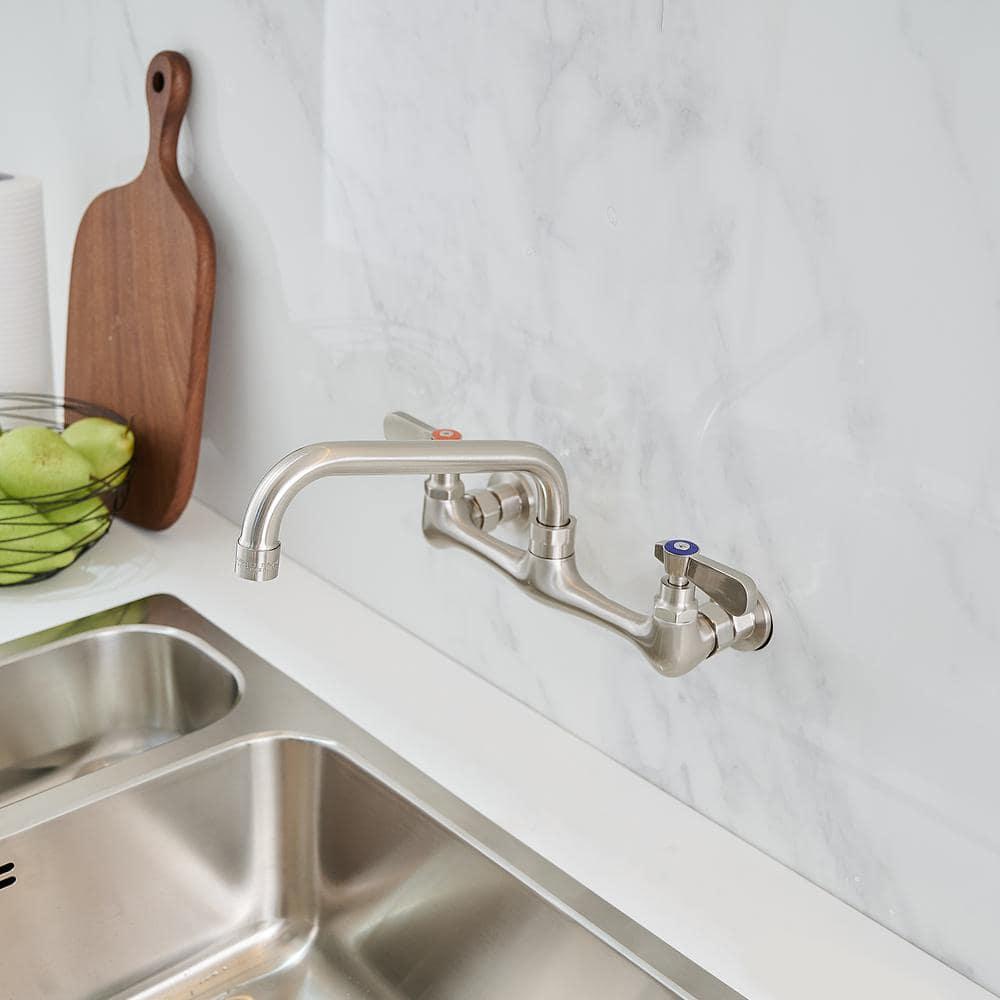 BWE Double Handles Wall Mount Modern Standard Kitchen Faucet With 8 Inch Swivel Spout 8" Center